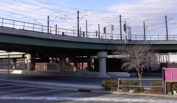 Below and beyond the elevated is part of NJT's coach yard. Photo by Brian Weinberg, 01/23/2003.