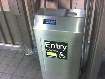 AutoGate Reduced Fare MetroCard fare gate @ 34 St &amp; 6 Av. Cell phone photo taken by Brian Weinberg, 4/27/2006.