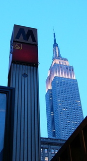 Two Towers - Entry post/stanchion at the Broadway &amp; 35th St (northwest corner) entrance to the 34 St-Herald Square station.