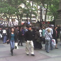 Crowd of people waiting outside the subway entrance on the southwest corner of 42 St & 5 Av. Station was closed due to a 12-