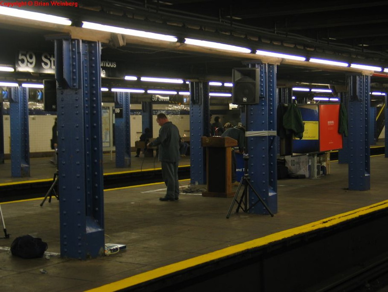 Press conference being set up for the unveiling of the NYC Subway Centennial Commemorative MetroCard series @ 59 St-Columbus Cir