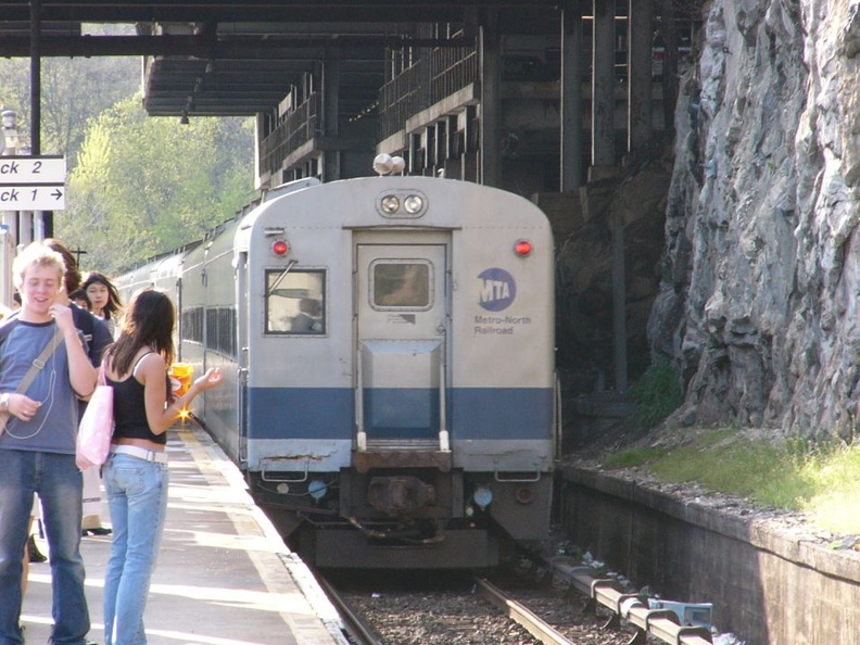 MNR ACMU 1100 series @ Marble Hill (Hudson Line). The days are numbered for these cars. Photo taken by Brian Weinberg, 4/27/2004. P1000297.jpg