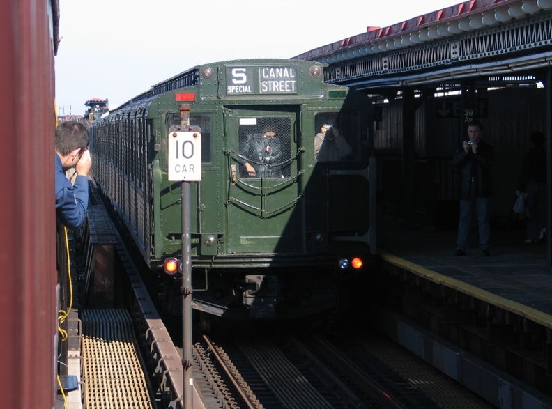 R-1 100 @ 39 Av (N/W). Museum train is running in-service. Photo taken by Brian Weinberg, 10/28/2004.