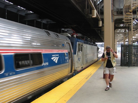 Amtrak AEM7 907 and Amfleet AmCoach 44790 @ Newark Penn Station. Photo taken by Brian Weinberg, 7/17/2005.