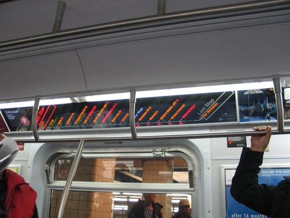The FIND (Flexible Information and Notice Display) being evaluated on R-160B 8713 @ Hoyt-Schermerhorn. This photo shows the LED
