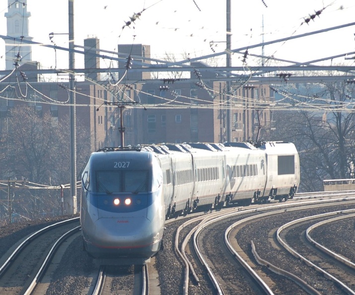 Amtrak Acela Express 2027 @ Elizabeth, NJ. Photo taken by Brian Weinberg, 12/18/2005.