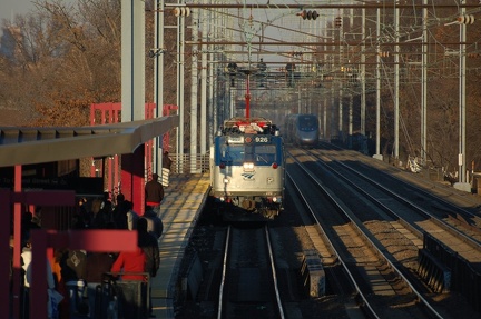 Amtrak AEM-7AC 926 and Amtrak Acela Express 2011 @ Elizabeth, NJ. Photo taken by Brian Weinberg, 12/18/2005.