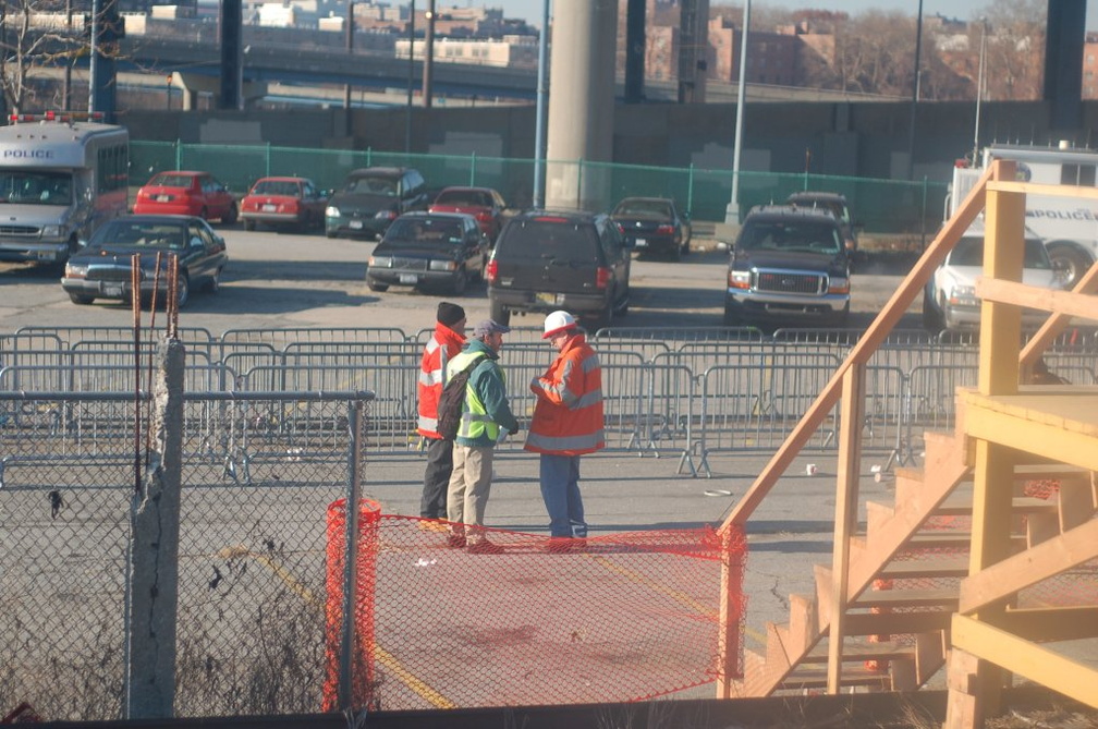 Temporary wooden boarding platform @ the Yankee Stadium Park &amp; Ride. Photo taken by Brian Weinberg, 12/21/2005.