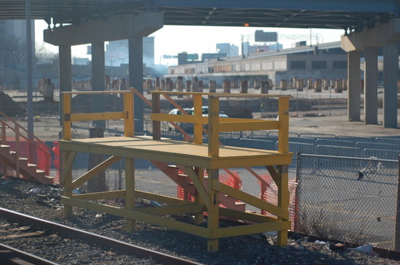 Temporary wooden boarding platform @ the Yankee Stadium Park &amp; Ride. Photo taken by Brian Weinberg, 12/21/2005.