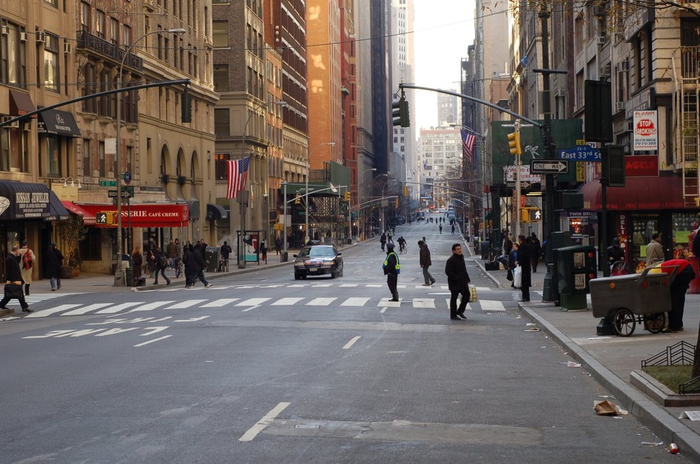 Empty streets due to the transit strike. Madison Avenue. Photo taken by Brian Weinberg, 12/21/2005.