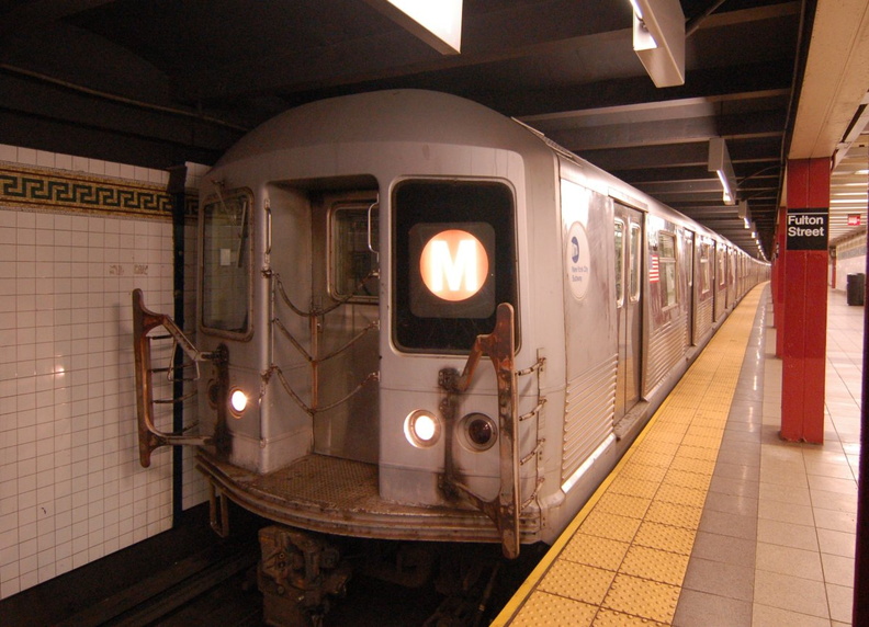 R-42 4884 @ Fulton Street (M) - front of the southbound platform, i.e. the upper level (looking north). Photo taken by Brian Weinberg, 6/28/2006. - R-42 4884 @ Fulton Street (M) - front of the southbound platform, i.e. the upper level (looking north). Photo taken by Brian Weinberg, 6/28/2006. DSC_3696a.jpg
