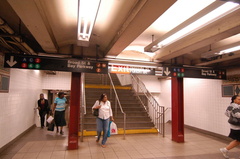 Fulton Street (J/M/Z) - center of the northbound platform, i.e. the lower level, looking west at the exit to Fulton Street and N