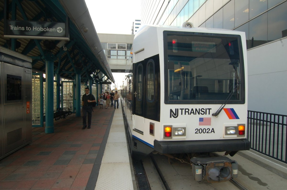 NJ Transit HBLR LRV 2002A @ Pavonia-Newport. Note that this train is on the &quot;BAYONNE FLYER&quot; run. Photo taken by Brian