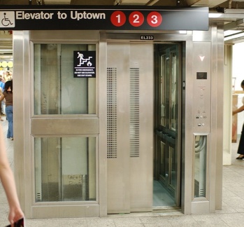 Uptown elevator @ Times Square (1/2/3) - 41 Street mezzanine. Photo taken by Brian Weinberg, 8/3/2006.