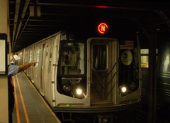 R-160B 8713 @ 57 St - 7 Av (N). Note: first revenue run of the R-160 fleet as part of the 30-day test. Photo taken by Brian Wein