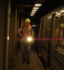 Subway signal maintainer who thinks 1050.9(c) does not apply to us @ 57 St - 7 av (Q). Photo taken by Tamar Weinberg, 8/20/2006.