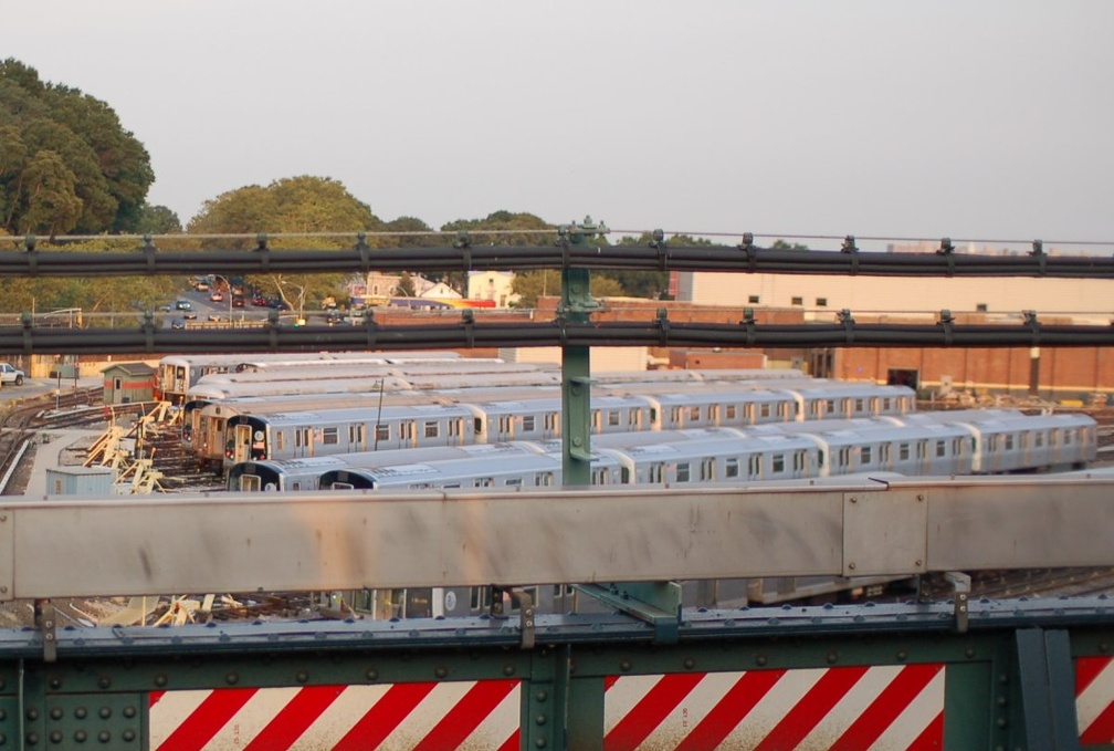 Two R-32 sets @ East New York yard due to the wheel boring (truing) machine being out of service in Jamaica. Photo taken by Bria