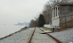 Recreated rails and ties along a section of the Staten Island North Shore right-of-way behind the restaurant R. H. TUGS. Photo t