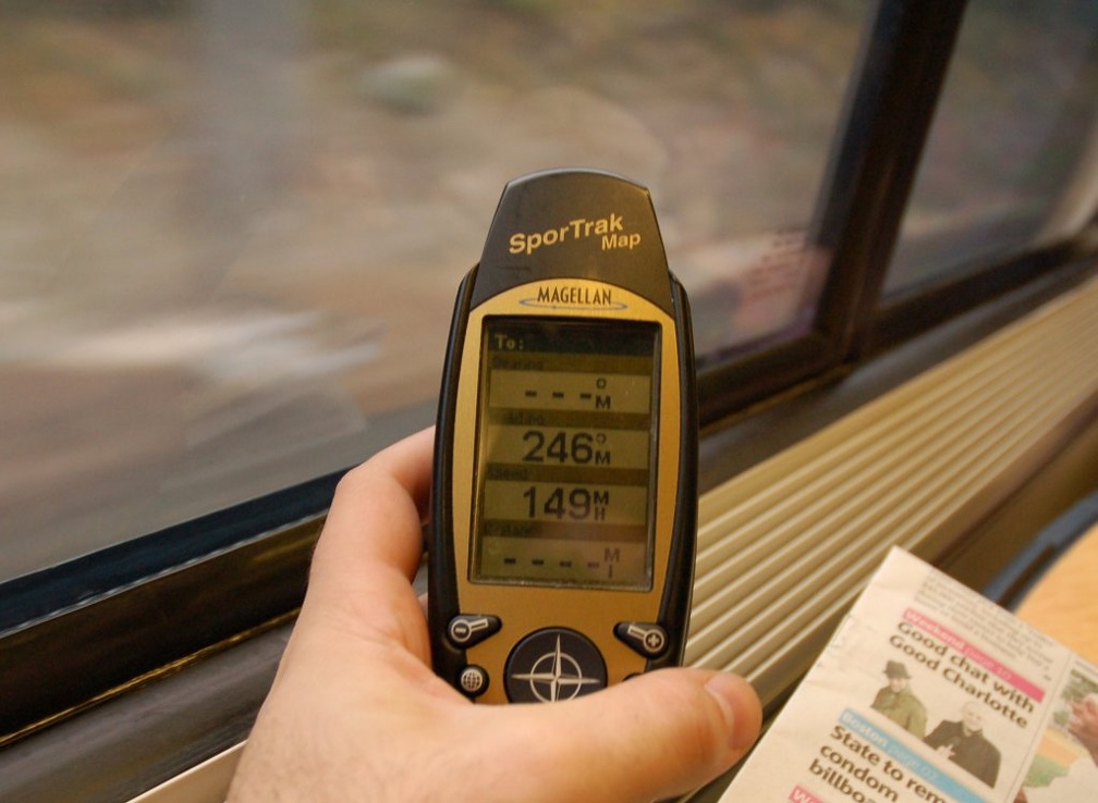 Amtrak Acela Express at 149 MPH as shown on my GPS. Photo taken by Brian Weinberg, 8/10/2007.