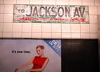 Painted &quot;Jackson Av&quot; directional sign @ 21 St - Van Alst. Note that the tiles underneath actually say &quot;47th Ave