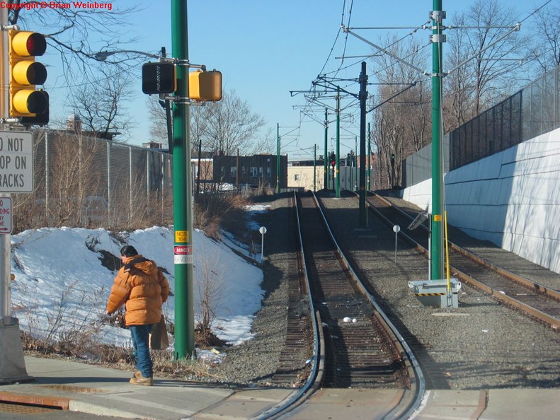 Exiting the Branch Brook Park station of the  Newark City Subway. Photo taken by Brian Weinberg, 2/16/2004.