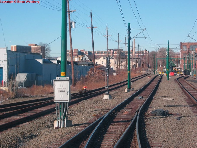 Approaching the Grove Street (Bloomfield) station. Photo taken by Brian Weinberg, 2/16/2004.