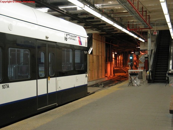 NJT NCS LRV 107A @ inbound platform at Newark Penn Station. Photo taken by Brian Weinberg, 2/16/2004.