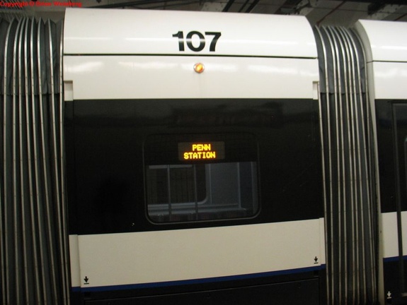 NJT NCS LRV 107 @ inbound platform at Newark Penn Station. Photo taken by Brian Weinberg, 2/16/2004.