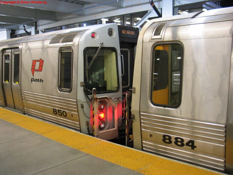 PATH PA-4 850 &amp; PA-4 884 at the front and back of separate laid up trains, respectively, with their couplers touching but no