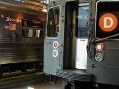 R-68 2654 @ Concourse Yard. These cars were cleaned up for the press tours of the Manhattan Bridge reopening. Here they are read