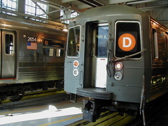 R-68 2654 @ Concourse Yard. These cars were cleaned up for the press tours of the Manhattan Bridge reopening. Here they are read