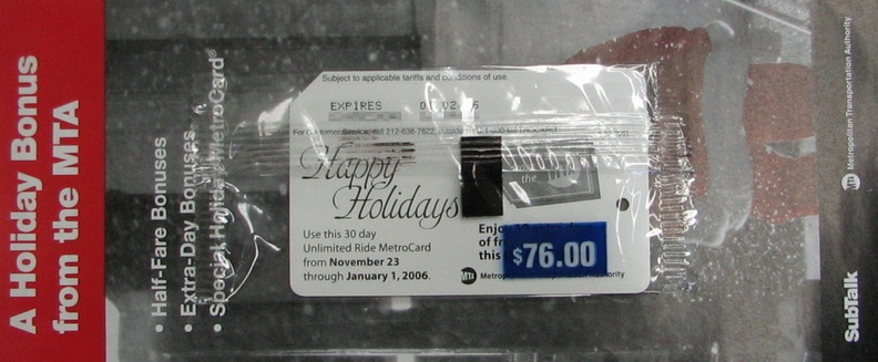 MTA 2005 Holiday Unlimited MetroCard - back