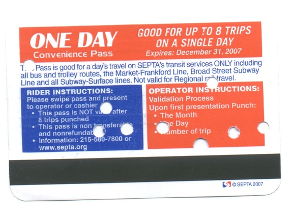 SEPTA One Day Inconvenience Pass (rear)