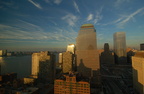 WFC, Route 9A / West Street, and the WTC site, in the sweet light, through a dirty window. Photo taken by Brian Weinberg, 12/3/2