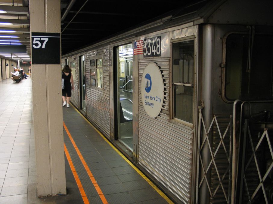 R-32 3348 @ 57 St (Q). Note one of its two odd style number boards. Photo taken by Brian Weinberg, 6/23/2004.