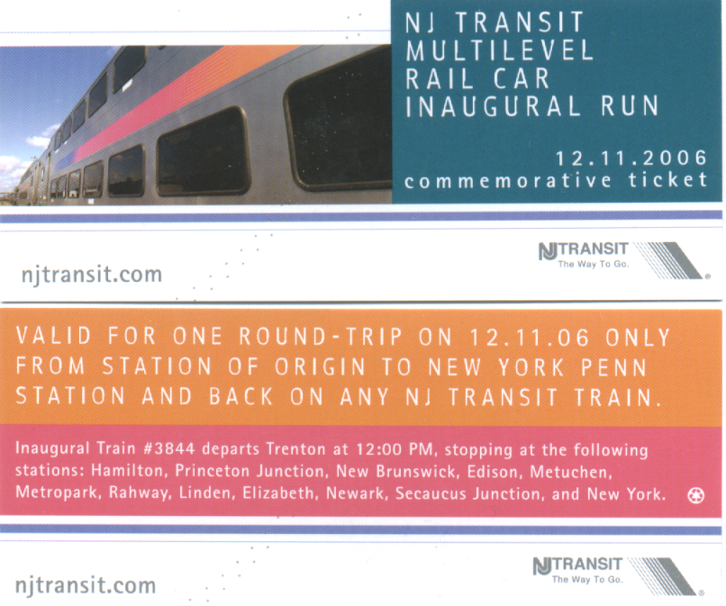 Commemorative Ticket for the NJ Transit Multilevel Rail Car Inaugural Run