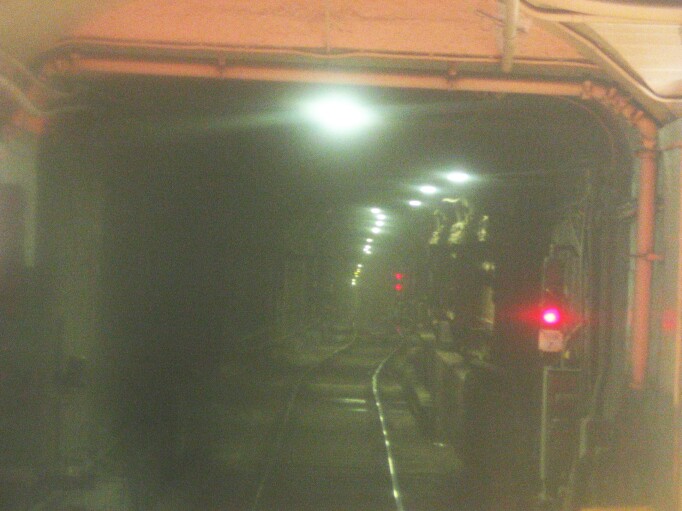 Looking out the anti-railfan window of a Journal Square bound PATH train @ Grove Street. The dark area at the left of the photo