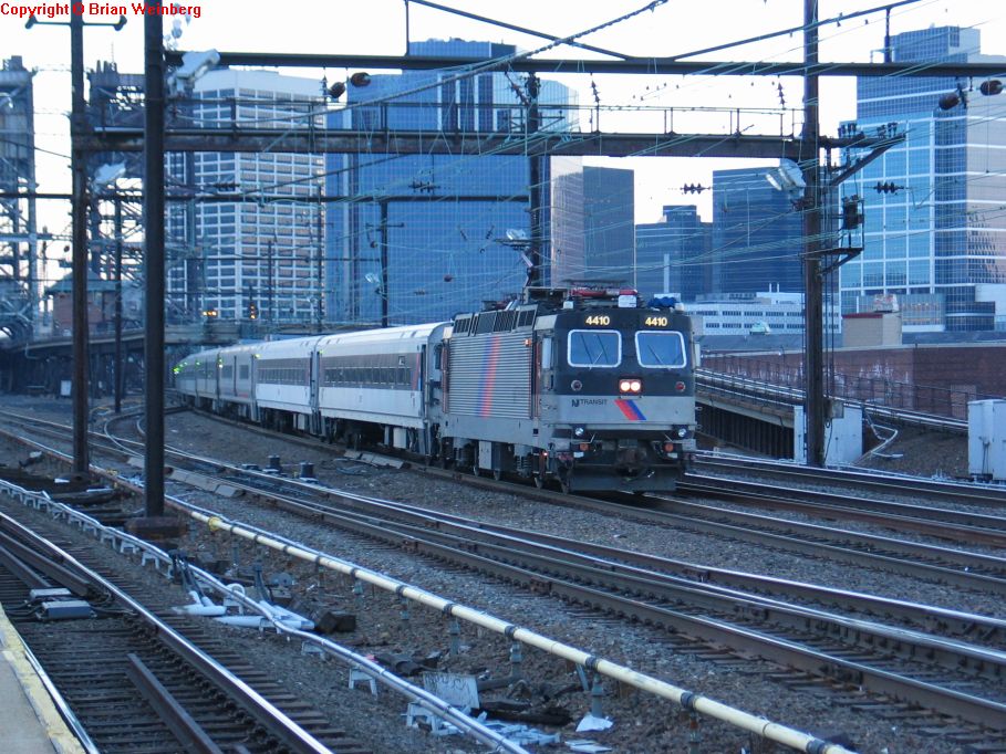 NJT ALP44 4410 @ Harrison, NJ, after sunrise on a cloudy day. Photo taken by Brian Weinberg, 2/18/2004.