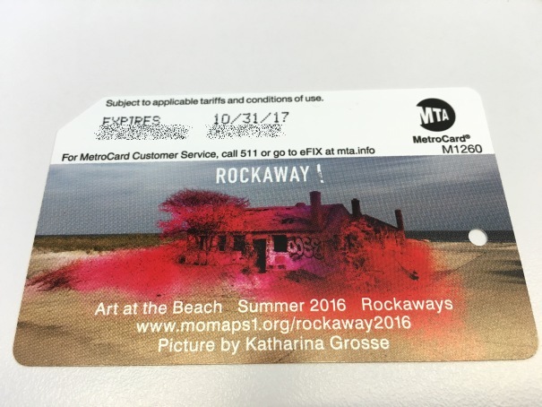 "Rockaway! Art at the Beach" Metrocard Summer 2016 - "Rockaway! Art at the Beach" Metrocard Summer 2016. The complete list of stations where this Metrocard is supposedly available is: Atlantic Av-Barclays, Howard Beach, Jay St, Fulton St, Borough Hall, and Broad Channel. The other side of the card is a normal yellow/blue design. IMG_4305a.jpg