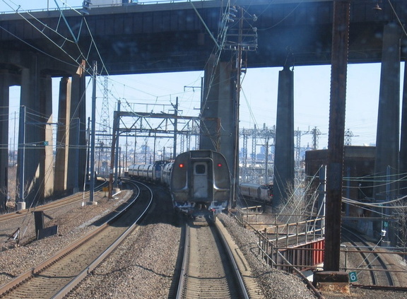 Two Amtrak trains stopped nose to nose west of PORTAL due to either a switch problem or the bridge being up. Photo taken by Bria