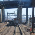 Two Amtrak trains stopped nose to nose west of PORTAL due to either a switch problem or the bridge being up. Photo taken by Bria