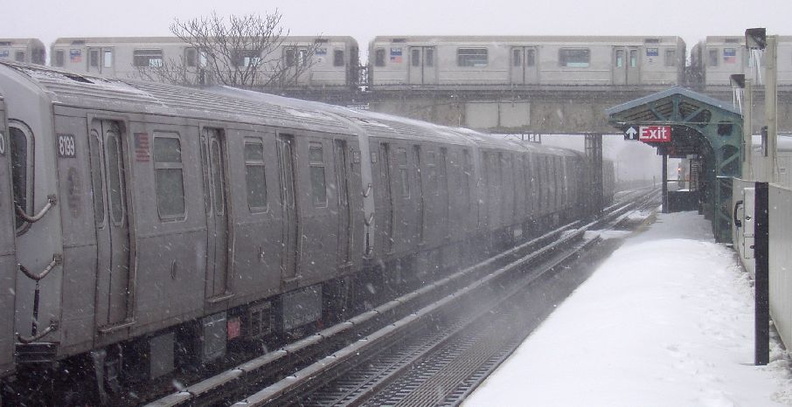 R-143 8199 @ Livonia Av (L). Photo taken by Brian Weinberg, 02/17/2003. This was the Presidents Day Blizzard of 2003. PDRM2204.jpg