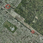 Aerial photo showing locations of the 36 St station and the 9 Av station.