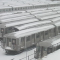 R-40M, R-42, and R-143 cars @ East New York Yard. Photo taken by Brian Weinberg, 02/17/2003. This was the Presidents Day Blizzar