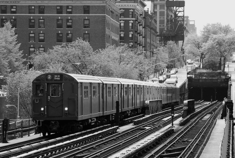 The Train of Many Colors ran from Grand Central to Atlantic Av and then back up the West Side to 96 St in honor of the 100th Anniversary of the IRT beginning service to Atlantic Av in Brooklyn. Here it is heading to 207 St Yard out-of-service after the trip ended. DSC_1834abw.jpg
