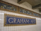 Wall tiles @ Graham Ave (L), front of Canarsie-bound platform. Photo taken by Brian Weinberg, 3/10/2004.