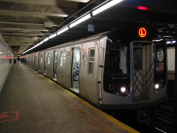 R-143 8212 @ Graham Ave (L). This is the &quot;Siemens Train.&quot; Photo taken by Brian Weinberg, 3/10/2004.