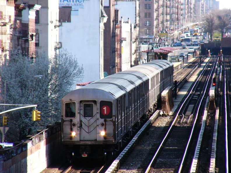 R-62A train @ south of 125 St (1) on the Manhattan Valley viaduct. Photo taken by Brian Weinberg, 4/16/2004.