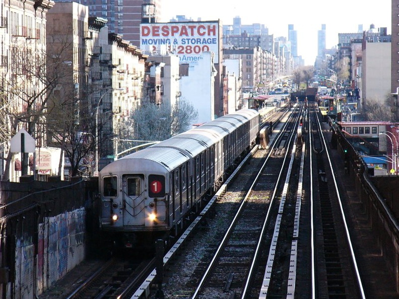 R-62A train @ south of 125 St (1) on the Manhattan Valley viaduct. Photo taken by Brian Weinberg, 4/16/2004.