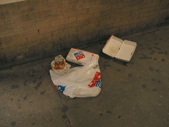 Domino's Pizza bag several hours later, after the large rat had finished with it. Photo taken by Brian Weinberg, 5/30/2004.